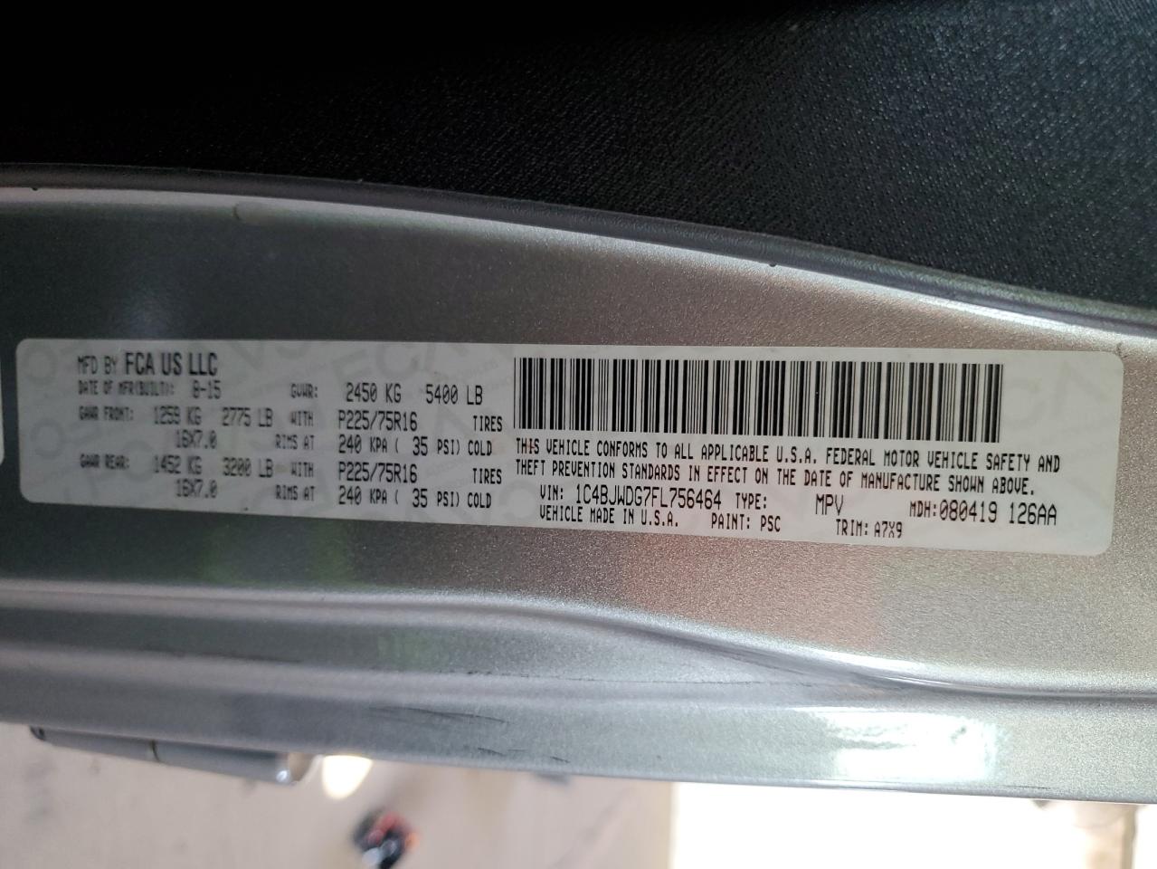 2015 Jeep Wrangler Unlimited Sport VIN: 1C4BJWDG7FL756464 Lot: 67224215