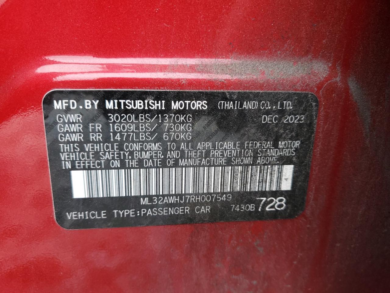 2024 Mitsubishi Mirage Se VIN: ML32AWHJ7RH007549 Lot: 69351375