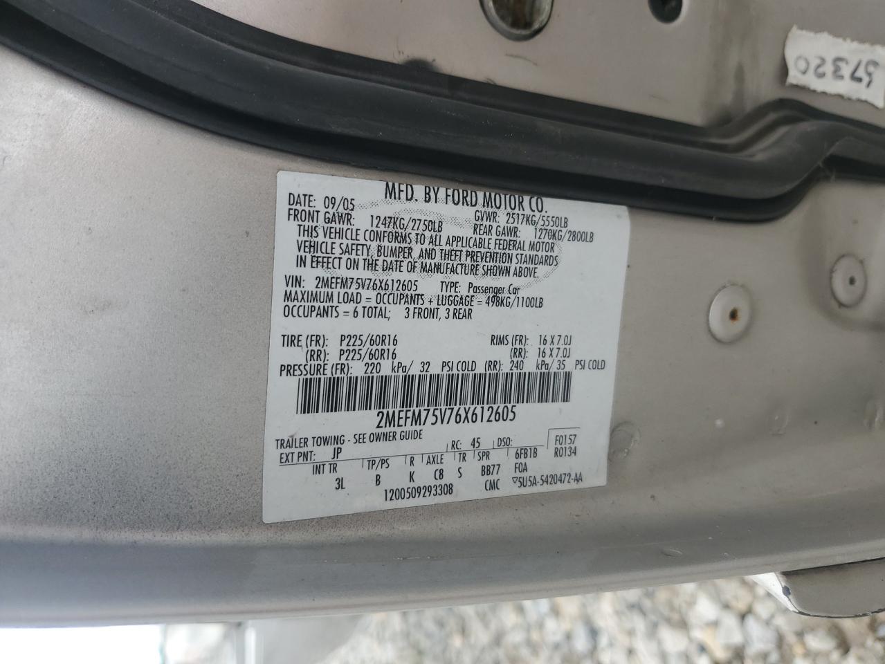 2006 Mercury Grand Marquis Ls VIN: 2MEFM75V76X612605 Lot: 69758925