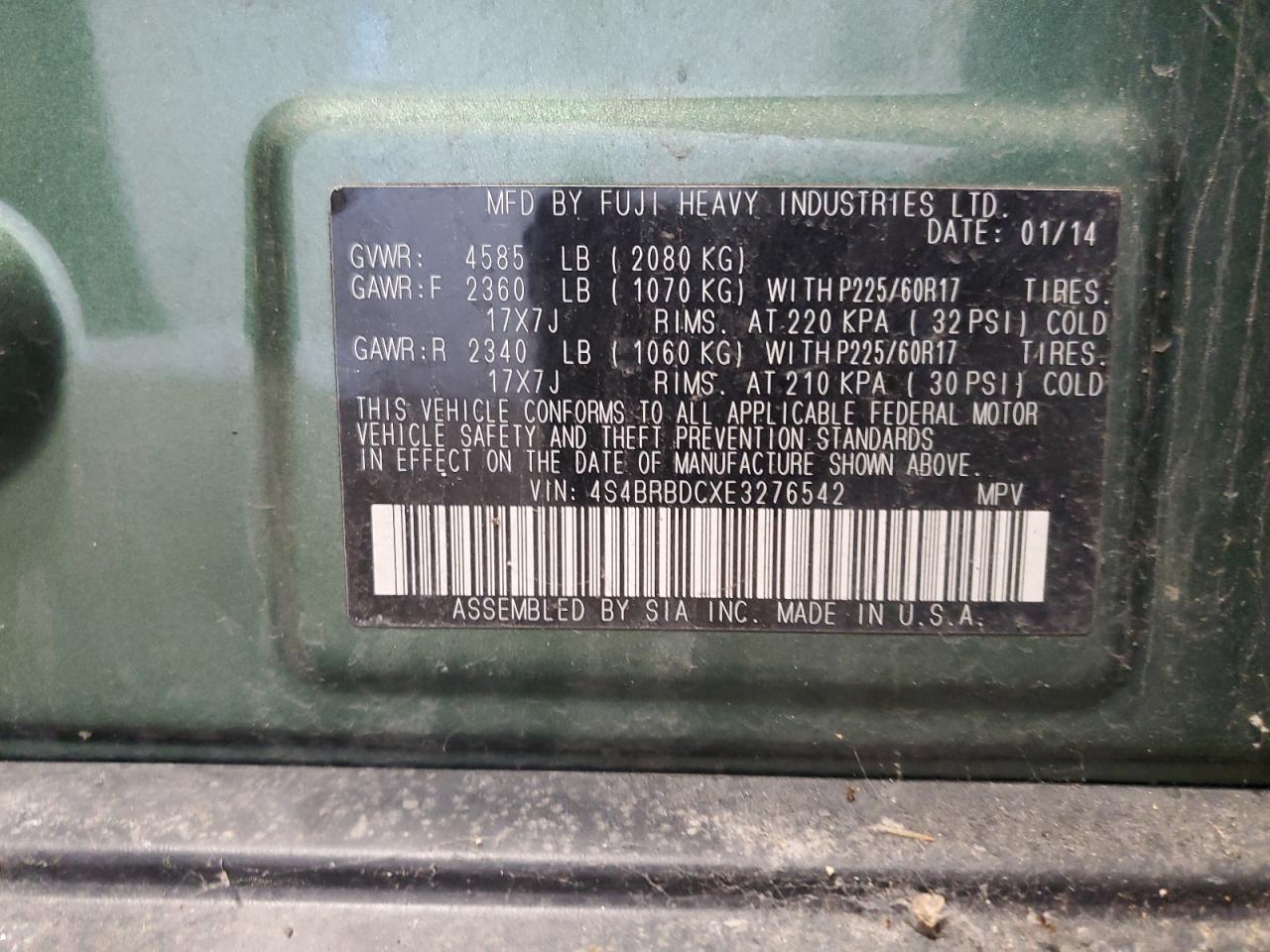 2014 Subaru Outback 2.5I Premium VIN: 4S4BRBDCXE3276542 Lot: 70523055