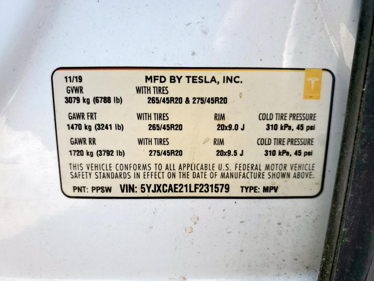 2020 Tesla Model X VIN: 5YJXCAE21LF231579 Lot: 68031125