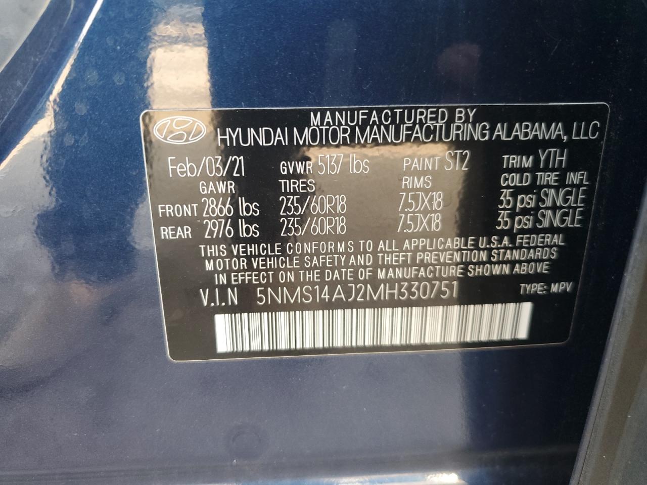 2021 Hyundai Santa Fe Se VIN: 5NMS14AJ2MH330751 Lot: 68199885