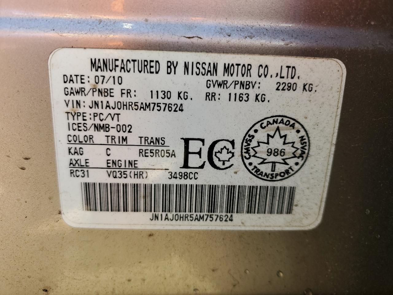 2010 Infiniti Ex35 Base VIN: JN1AJ0HR5AM757624 Lot: 70102555