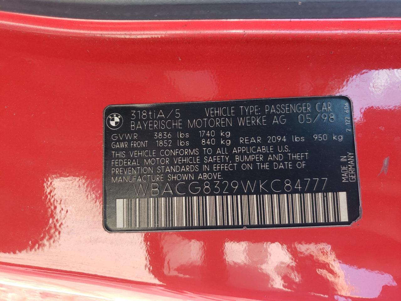 1998 BMW 318 Ti Automatic VIN: WBACG8329WKC84777 Lot: 70556775