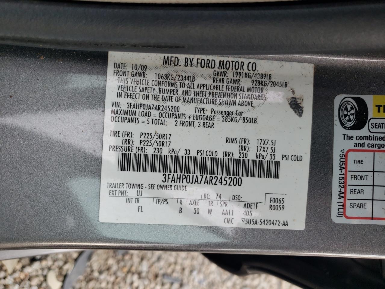 2010 Ford Fusion Sel VIN: 3FAHP0JA7AR245200 Lot: 69221705