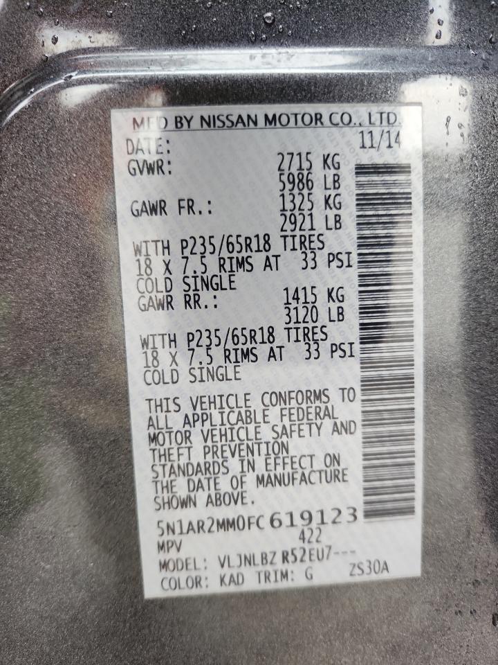 2015 Nissan Pathfinder S VIN: 5N1AR2MM0FC619123 Lot: 70428885