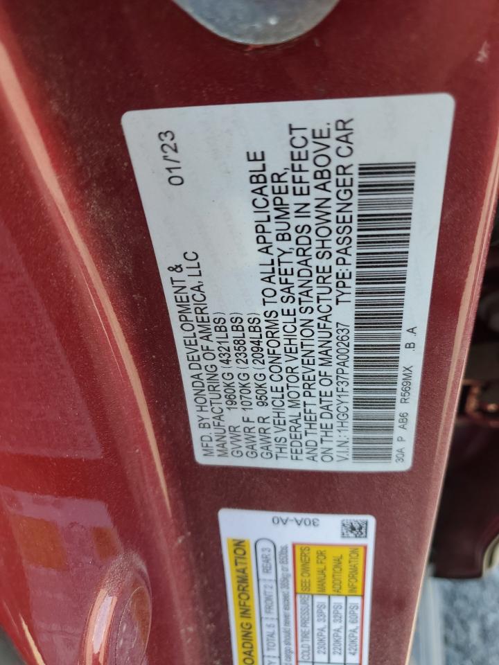 2023 Honda Accord Ex VIN: 1HGCY1F37PA002637 Lot: 68311135