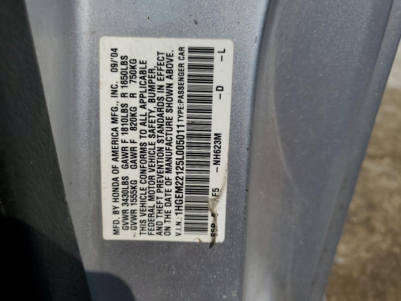 2005 Honda Civic Dx Vp VIN: 1HGEM22125L005011 Lot: 67252065