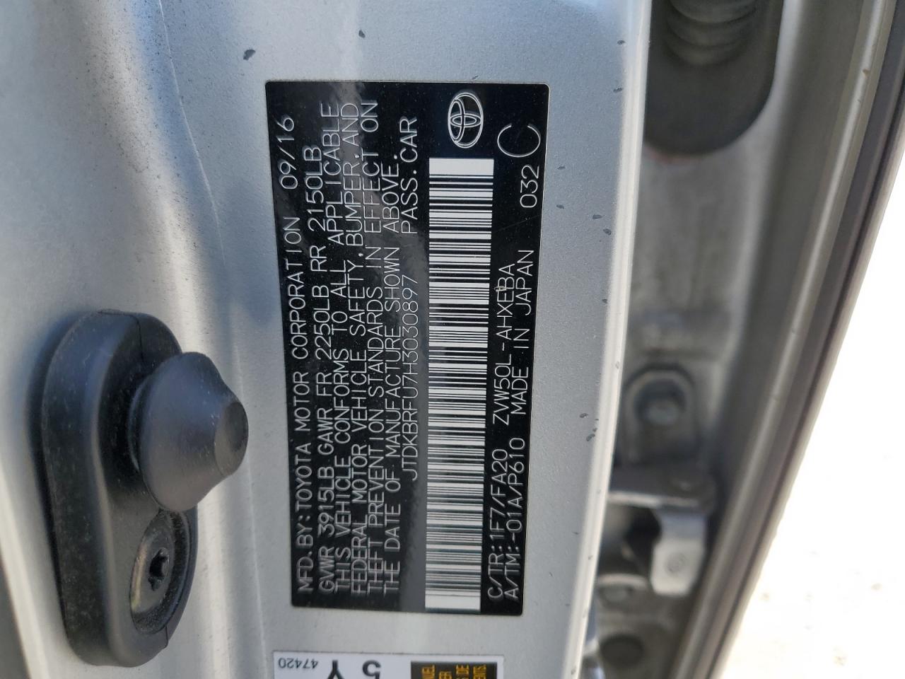 2017 Toyota Prius VIN: JTDKBRFU7H3030897 Lot: 70927855