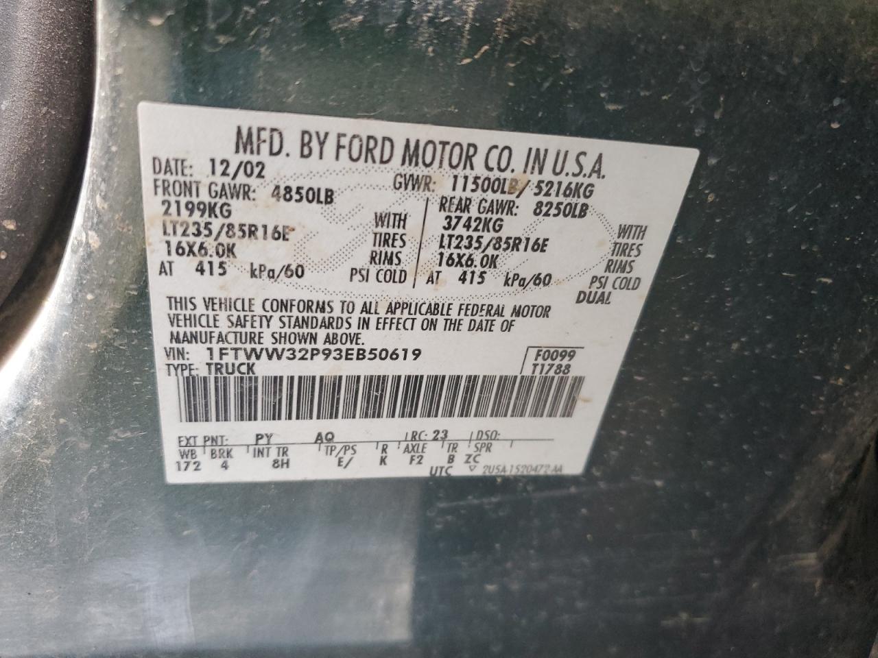 2003 Ford F350 Super Duty VIN: 1FTWW32P93EB50619 Lot: 69984145