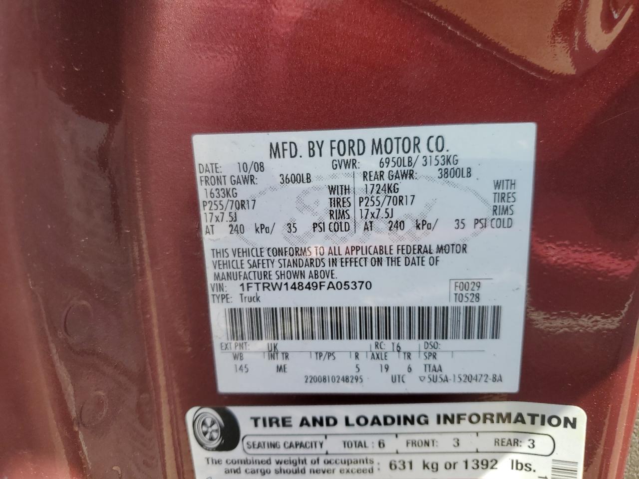 2009 Ford F150 Supercrew VIN: 1FTRW14849FA05370 Lot: 70702265