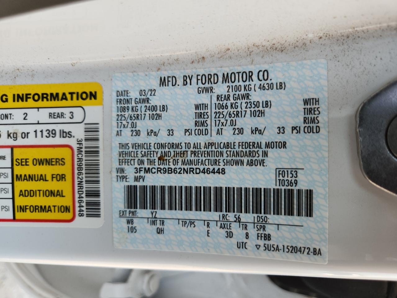 2022 Ford Bronco Sport Big Bend VIN: 3FMCR9B62NRD46448 Lot: 69788955