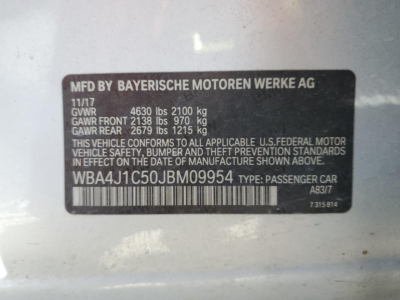 2018 BMW 430I Gran Coupe VIN: WBA4J1C50JBM09954 Lot: 68580225