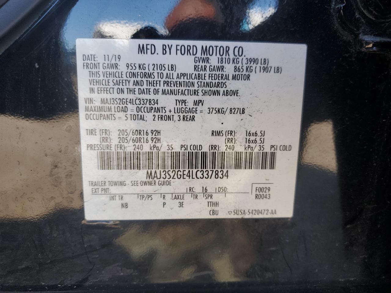 2020 Ford Ecosport Se VIN: MAJ3S2GE4LC337834 Lot: 70360955