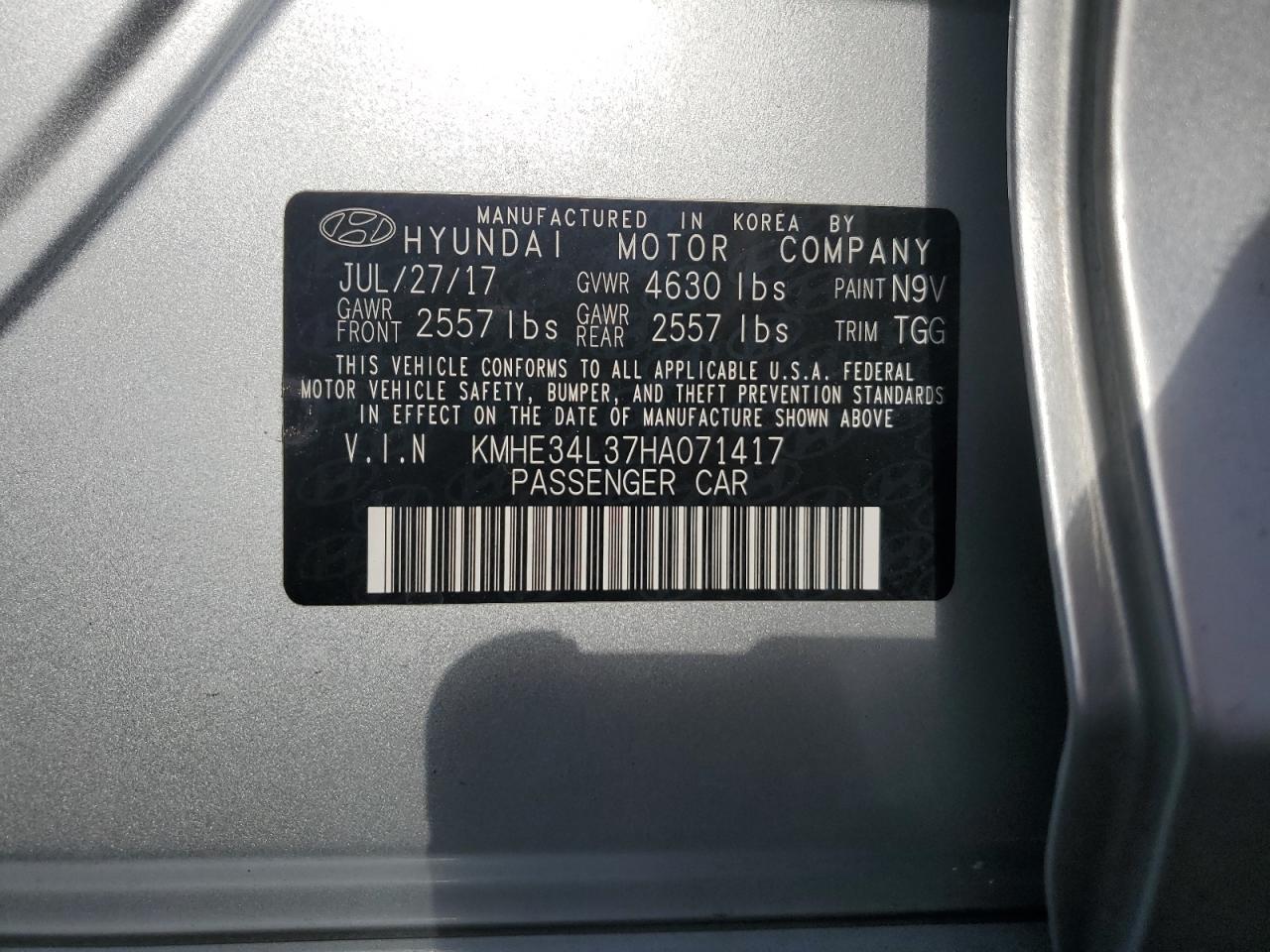 2017 Hyundai Sonata Hybrid VIN: KMHE34L37HA071417 Lot: 70205455