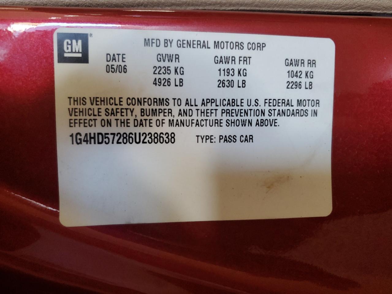 2006 Buick Lucerne Cxl VIN: 1G4HD57286U238638 Lot: 70492535