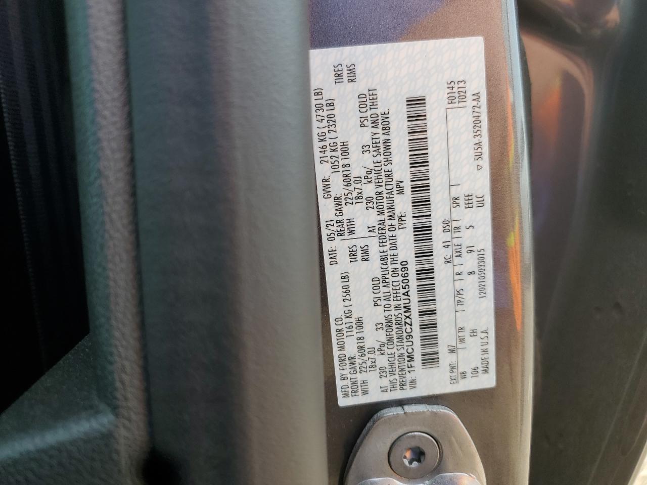 2021 Ford Escape Sel VIN: 1FMCU9CZXMUA50690 Lot: 66283645