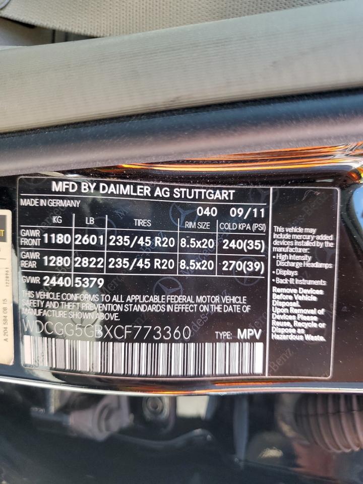 2012 Mercedes-Benz Glk 350 VIN: WDCGG5GBXCF773360 Lot: 70852305