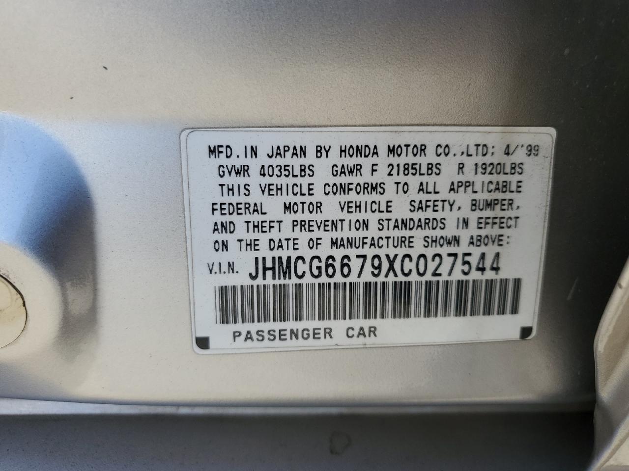 1999 Honda Accord Ex VIN: JHMCG6679XC027544 Lot: 68949985