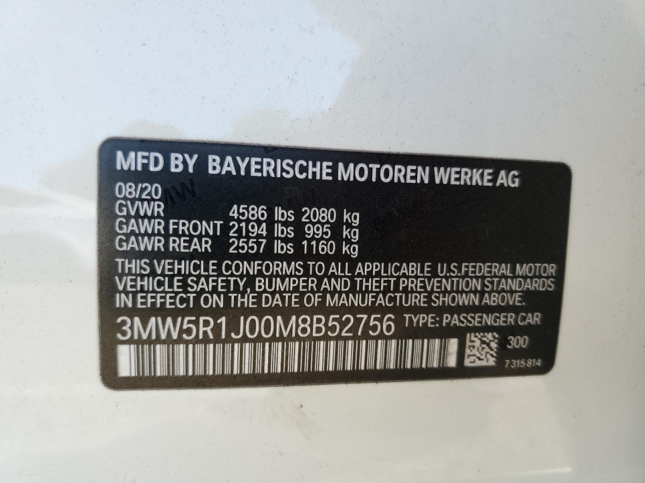 2021 BMW 330I VIN: 3MW5R1J00M8B52756 Lot: 69887265