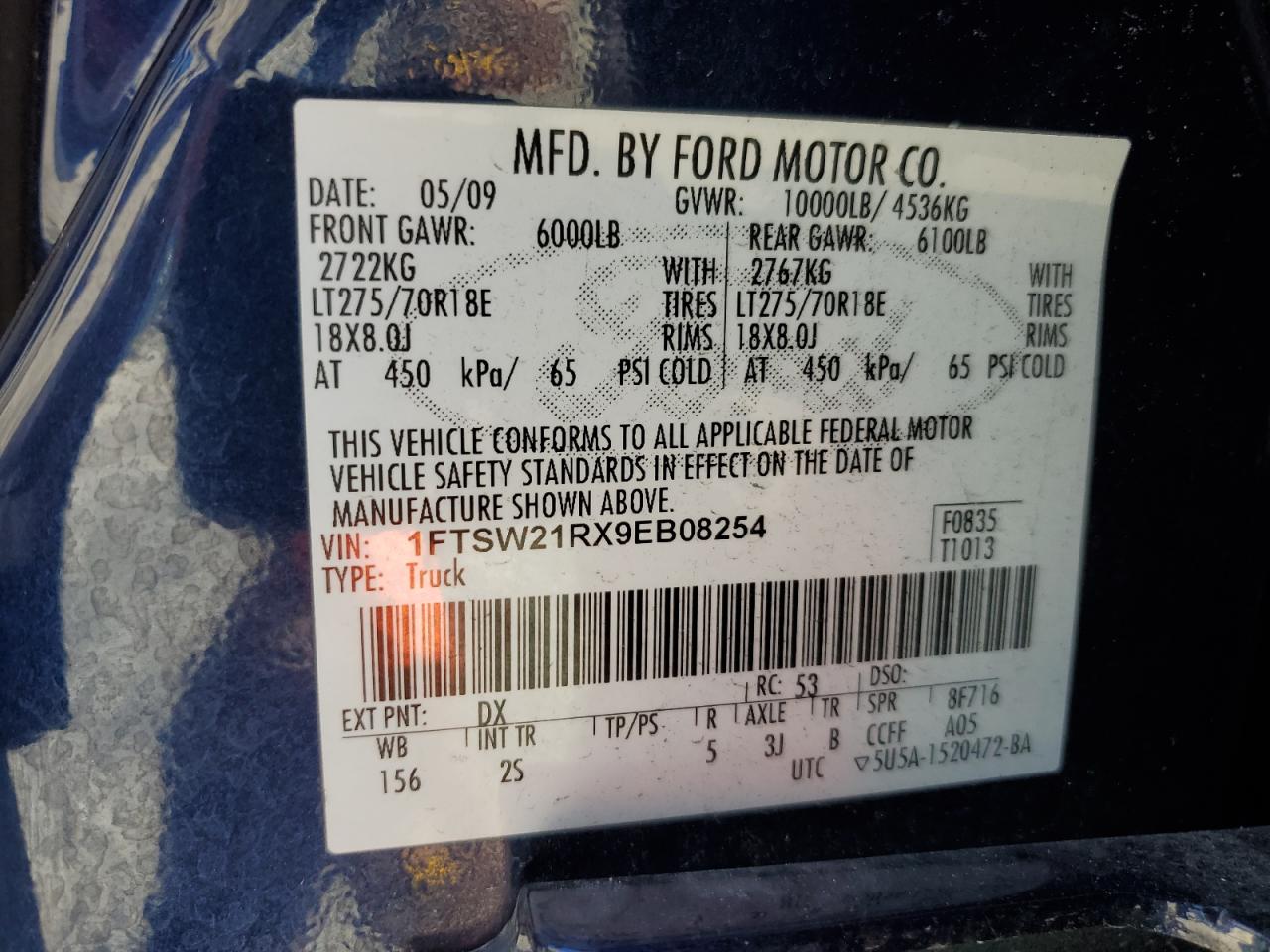 2009 Ford F250 Super Duty VIN: 1FTSW21RX9EB08254 Lot: 68617615