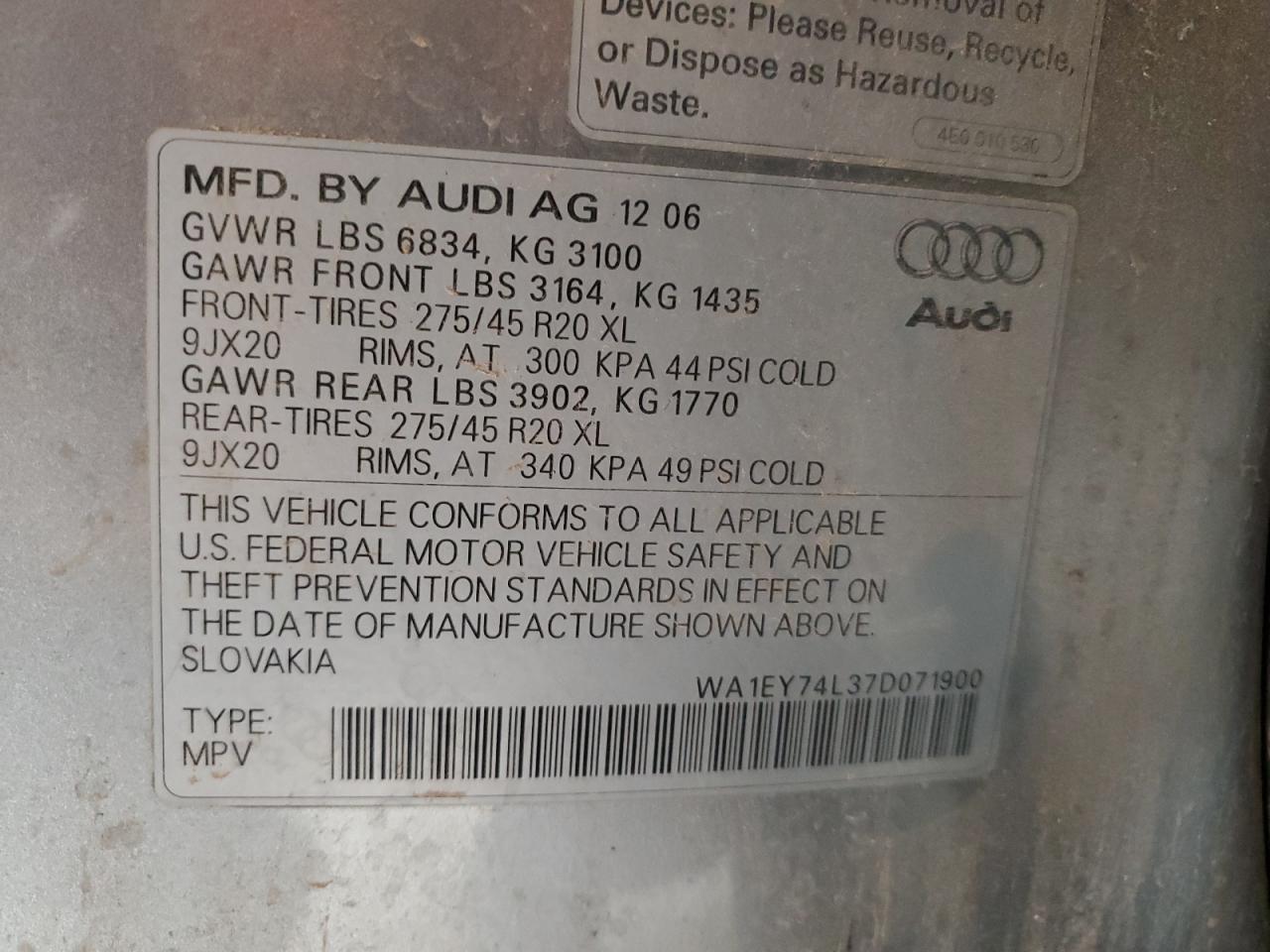 2007 Audi Q7 3.6 Quattro Premium S-Line VIN: WA1EY74L37D071900 Lot: 69627535