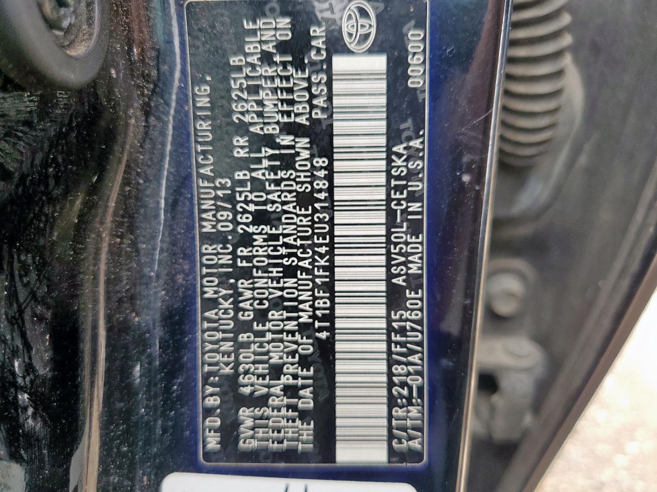 2014 Toyota Camry L VIN: 4T1BF1FK4EU314848 Lot: 69236855
