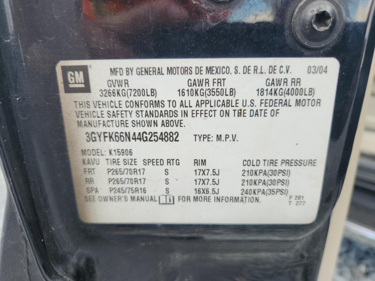 2004 Cadillac Escalade Esv VIN: 3GYFK66N44G254882 Lot: 69007215