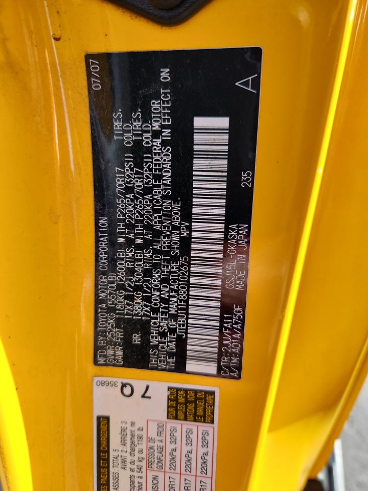 2008 Toyota Fj Cruiser VIN: JTEBU11F880102675 Lot: 69320635