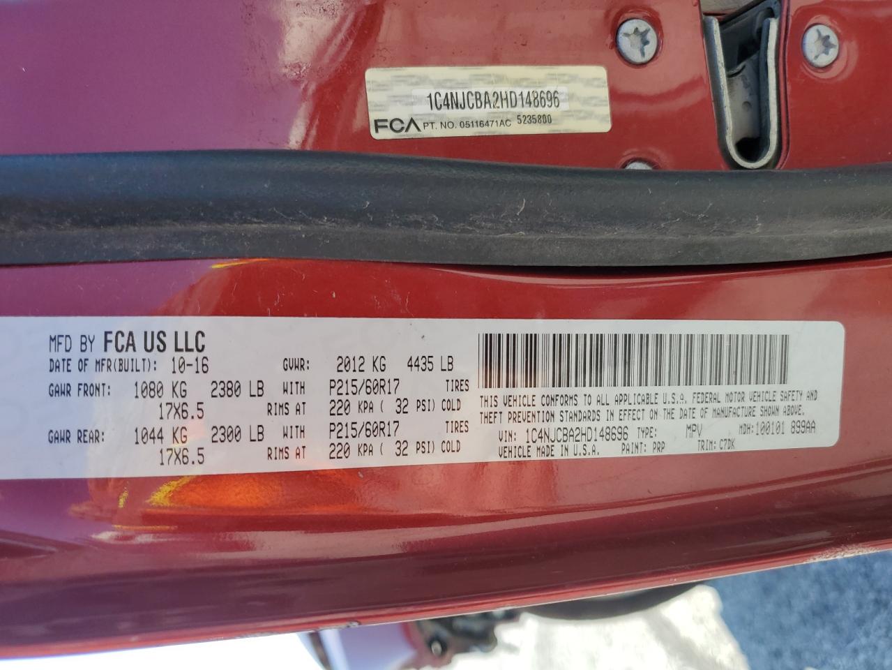 2017 Jeep Compass Sport VIN: 1C4NJCBA2HD148696 Lot: 69581515