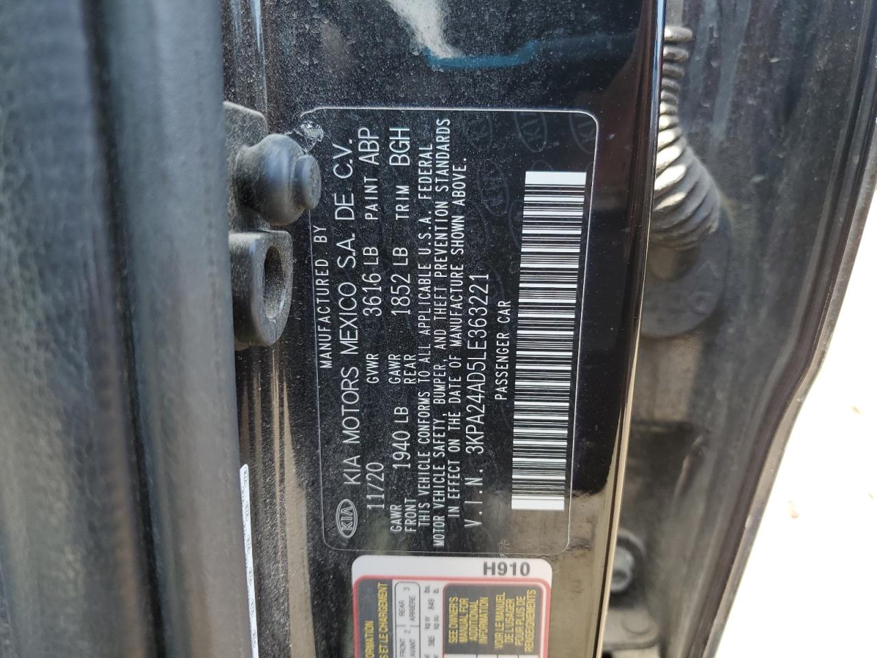 2020 Kia Rio Lx VIN: 3KPA24AD5LE363221 Lot: 69677115