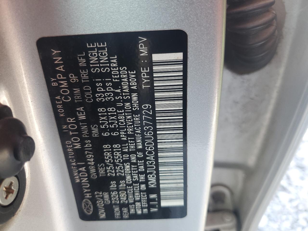 2013 Hyundai Tucson Gls VIN: KM8JU3AC6DU637729 Lot: 69506985