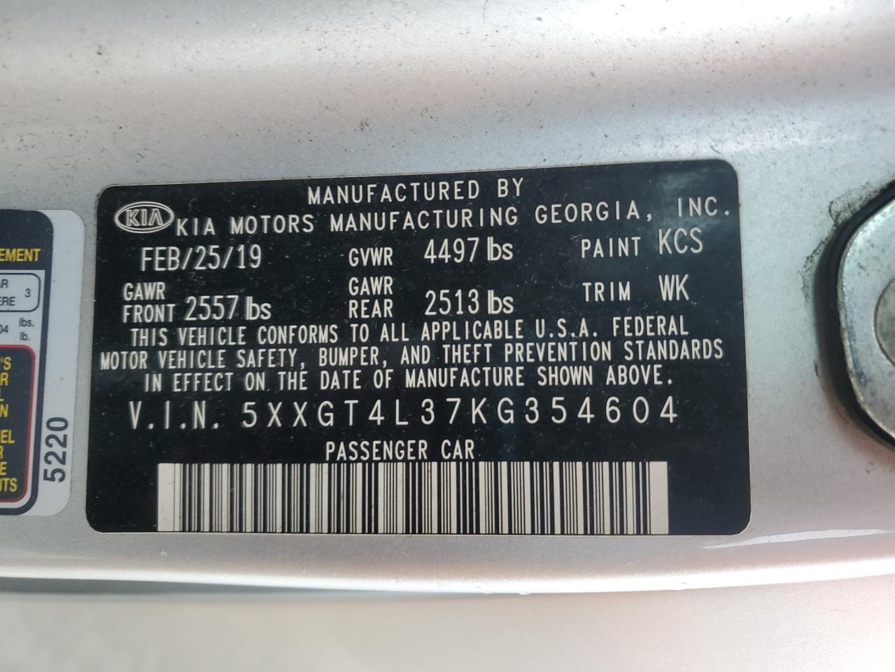 2019 Kia Optima Lx VIN: 5XXGT4L37KG354604 Lot: 69493145