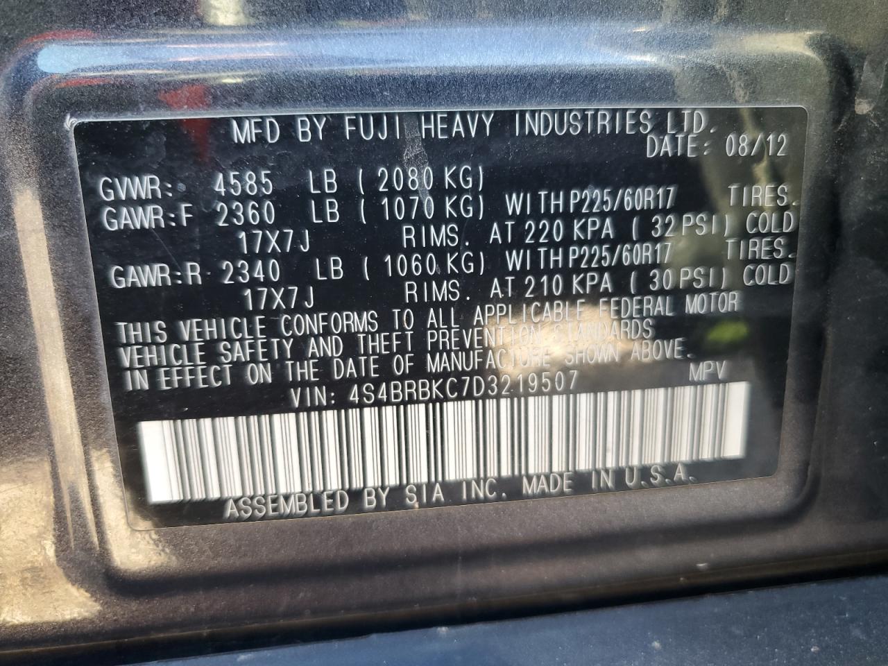 2013 Subaru Outback 2.5I Limited VIN: 4S4BRBKC7D3219507 Lot: 68901075