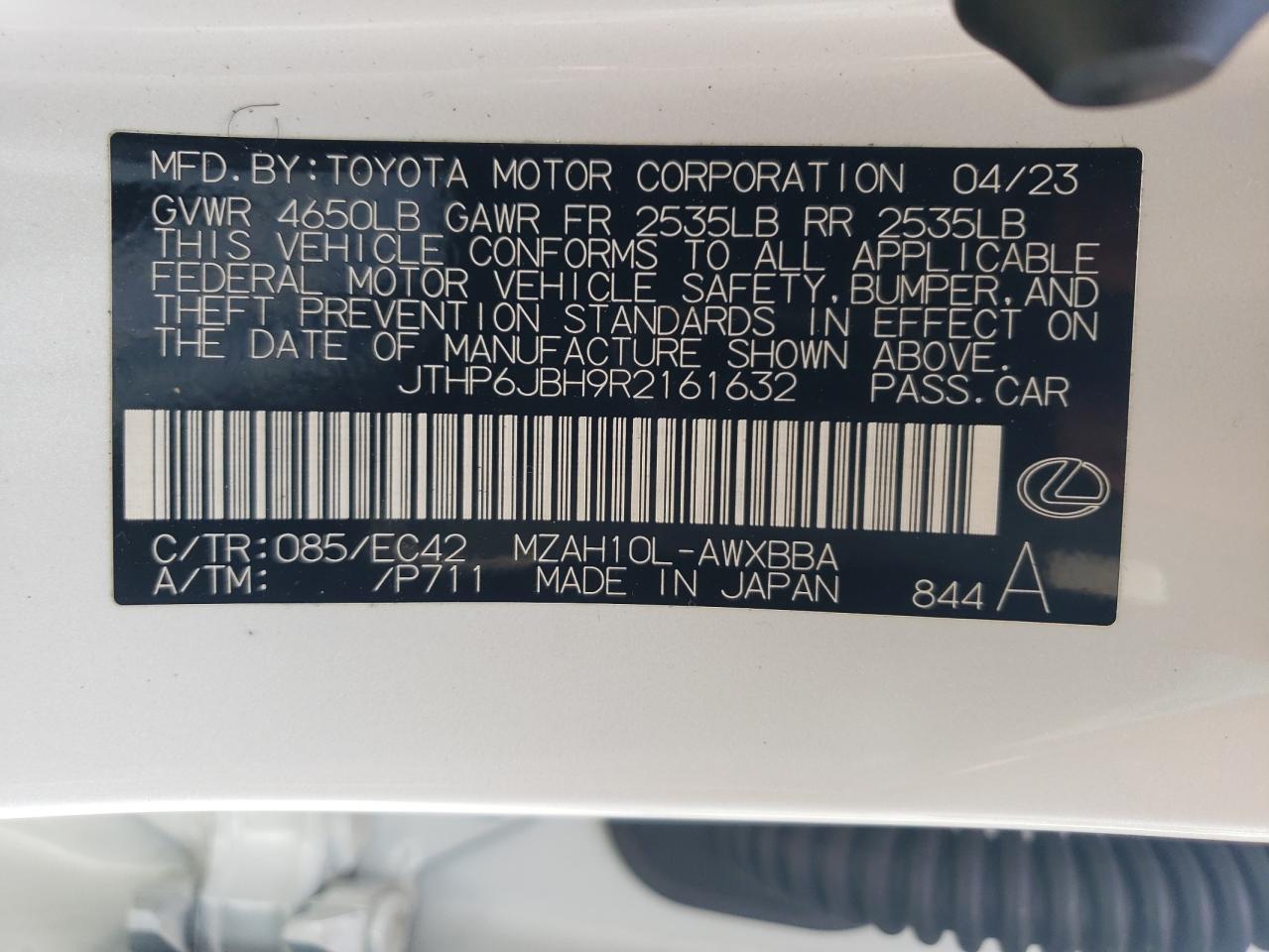 2024 Lexus Ux 250H Premium VIN: JTHP6JBH9R2161632 Lot: 71041865