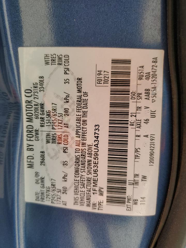 2009 Ford Explorer Xlt VIN: 1FMEU63E59UA34733 Lot: 70823805