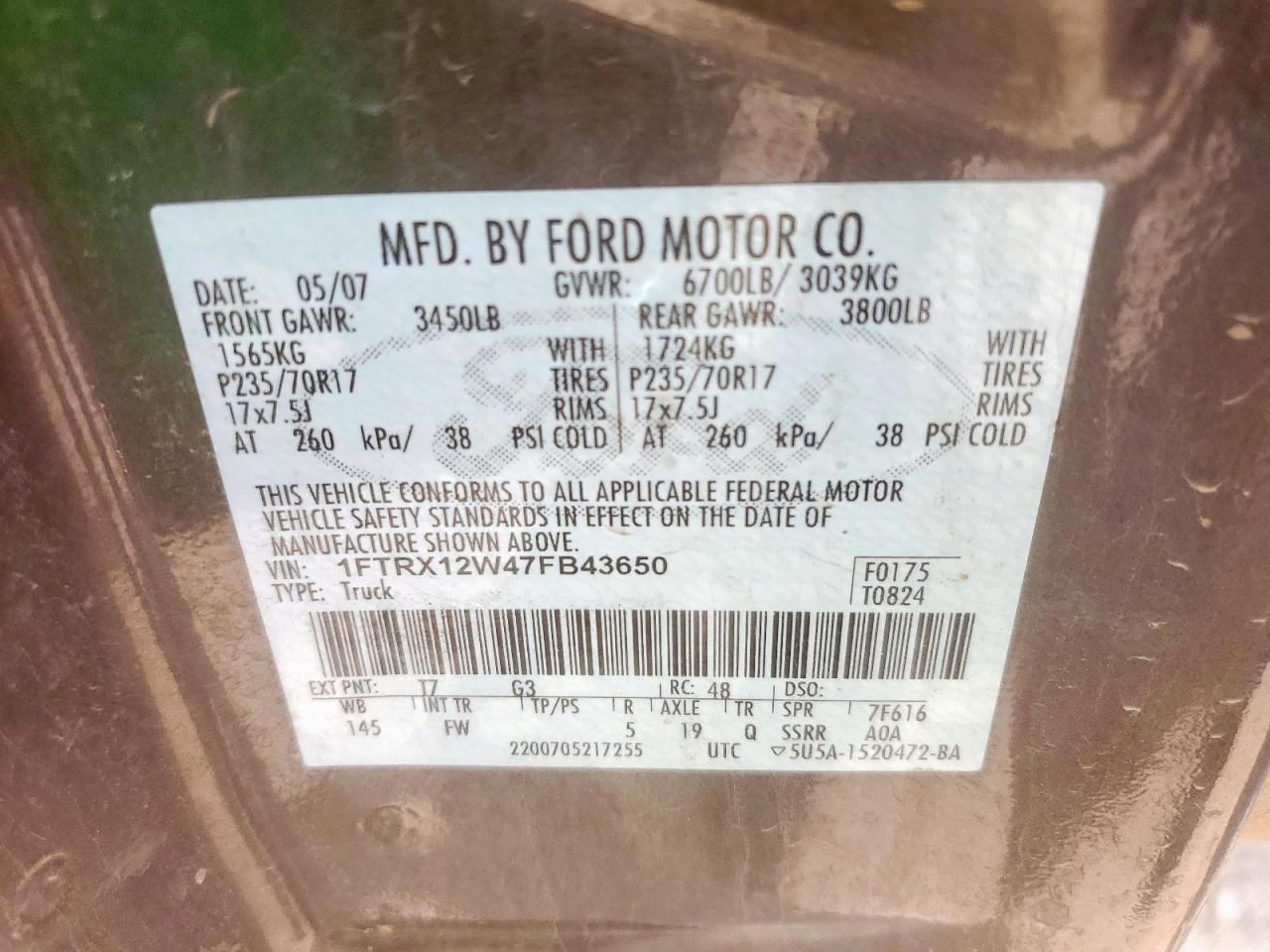 2007 Ford F150 VIN: 1FTRX12W47FB43650 Lot: 69593435