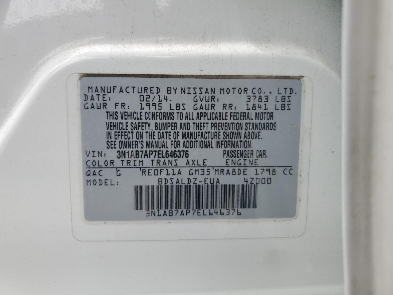 2014 Nissan Sentra S VIN: 3N1AB7AP7EL646376 Lot: 70940695