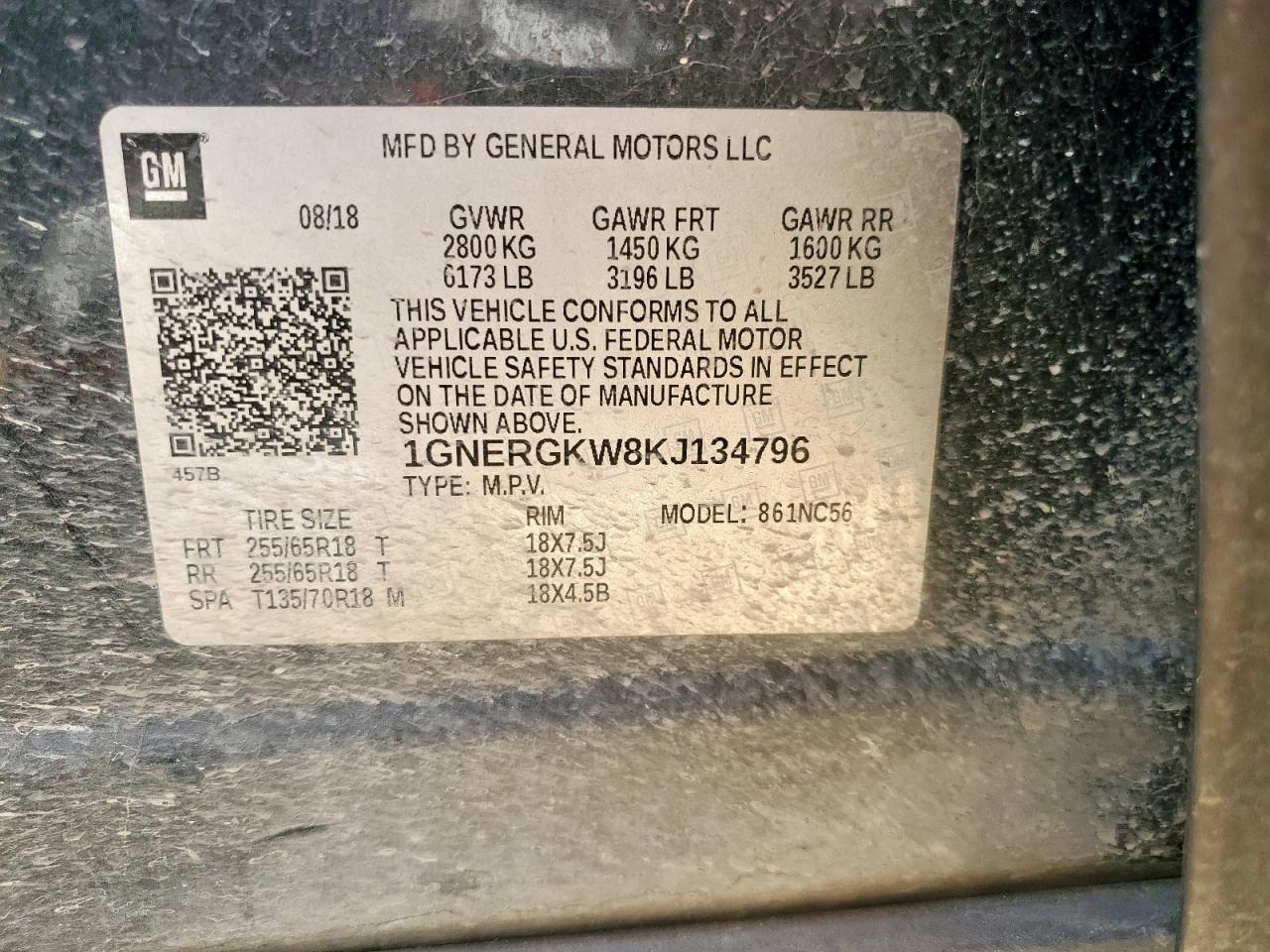 2019 Chevrolet Traverse Lt VIN: 1GNERGKW8KJ134796 Lot: 70829695