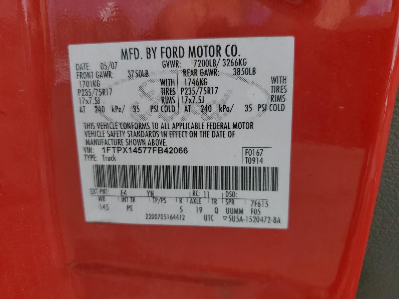 2007 Ford F150 VIN: 1FTPX14577FB42066 Lot: 69980405