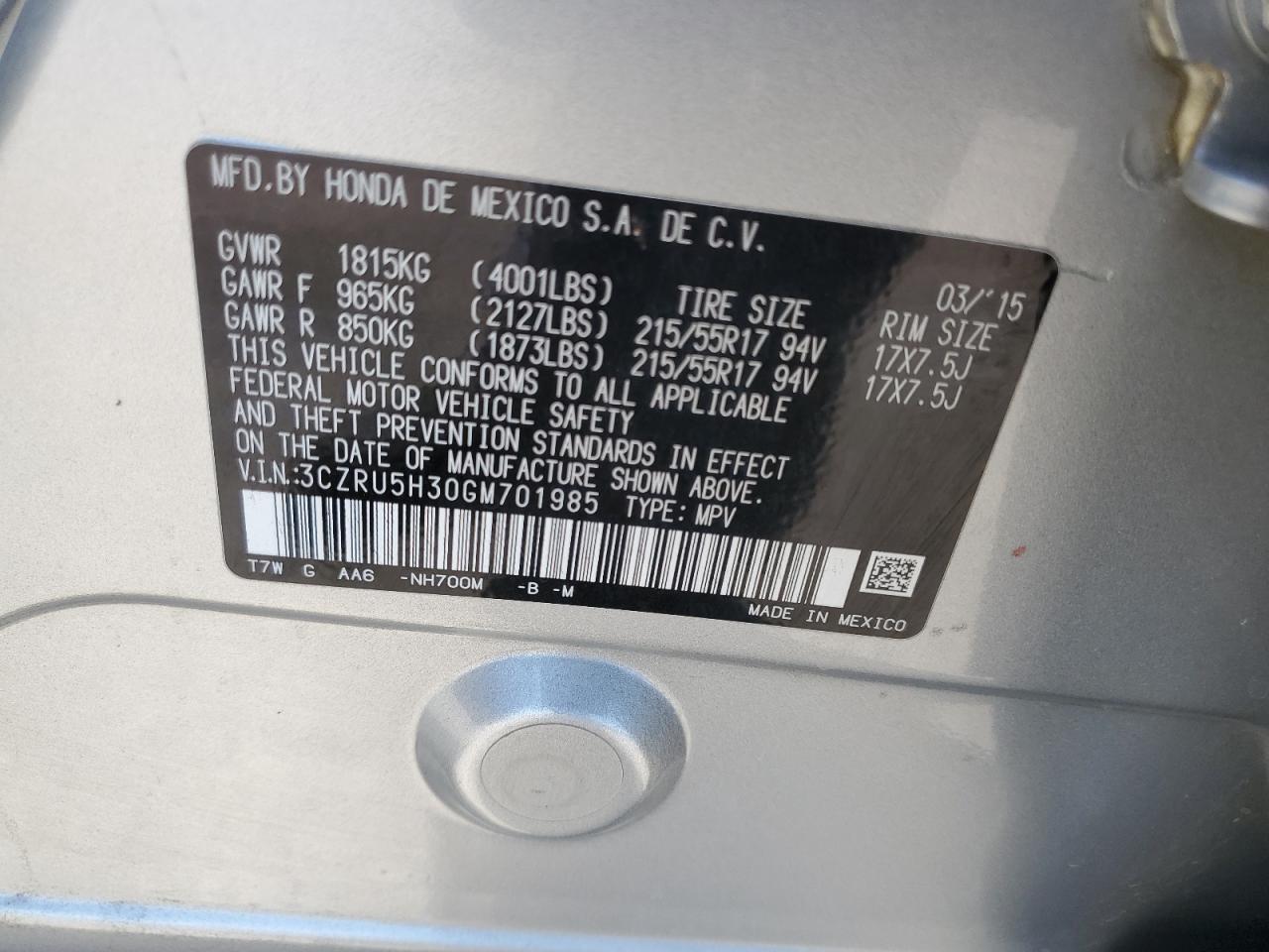 2016 Honda Hr-V Lx VIN: 3CZRU5H30GM701985 Lot: 67761845