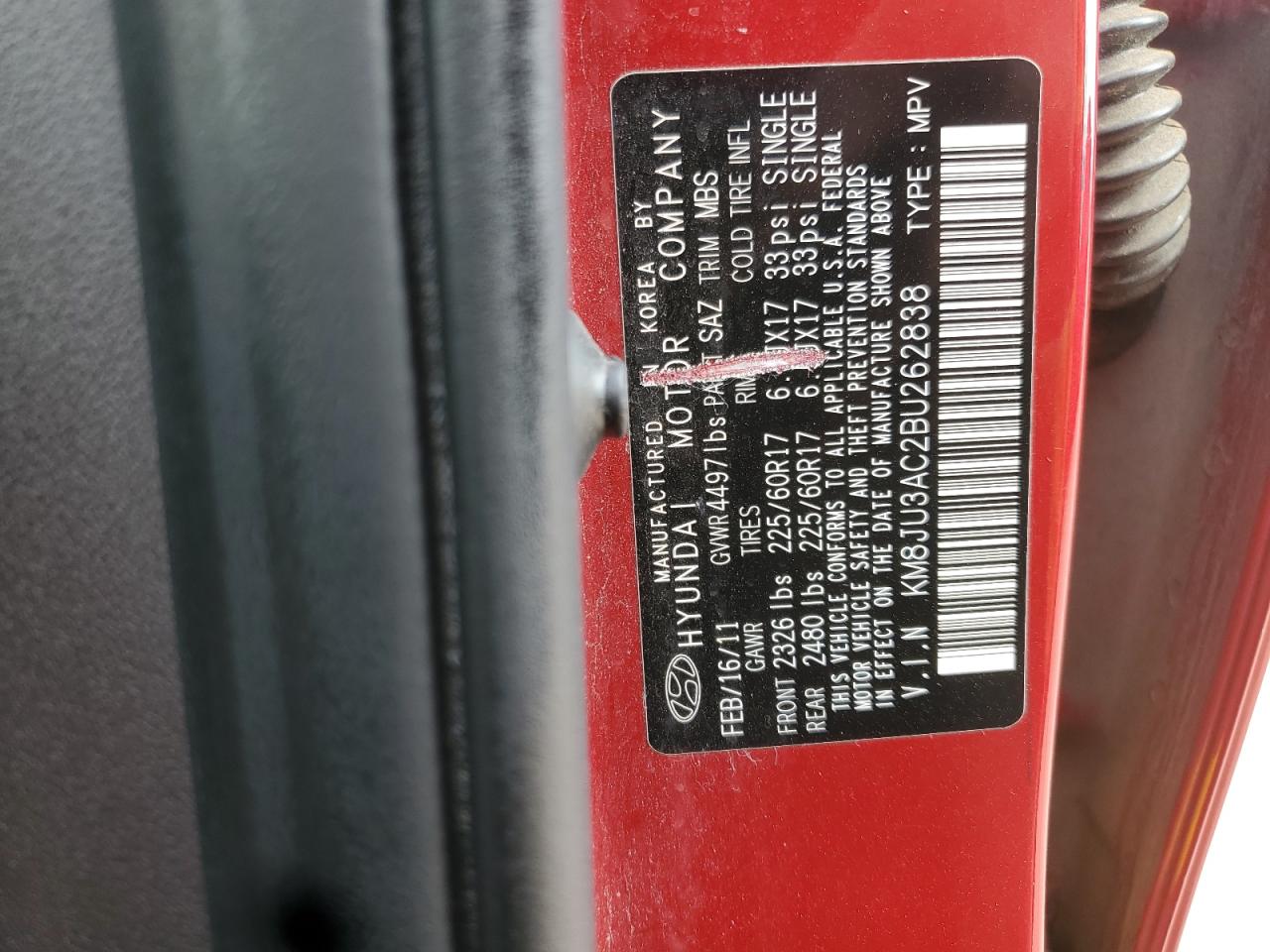 2011 Hyundai Tucson Gls VIN: KM8JU3AC2BU262838 Lot: 68671075