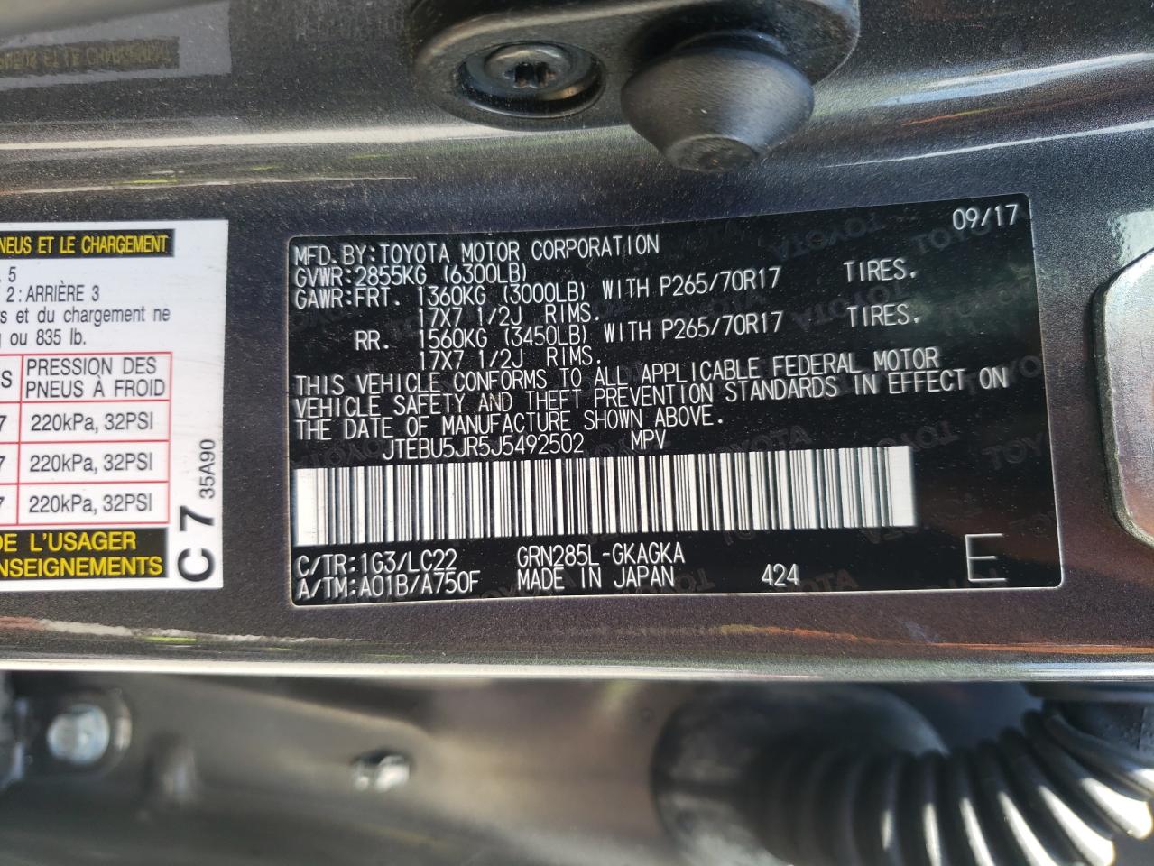 2018 Toyota 4Runner Sr5/Sr5 Premium VIN: JTEBU5JR5J5492502 Lot: 68773225