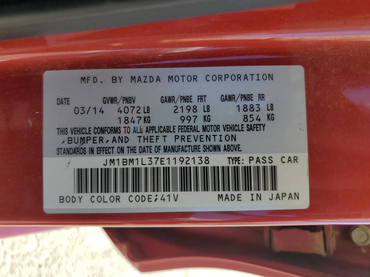 2014 Mazda 3 Touring VIN: JM1BM1L37E1192138 Lot: 68761145