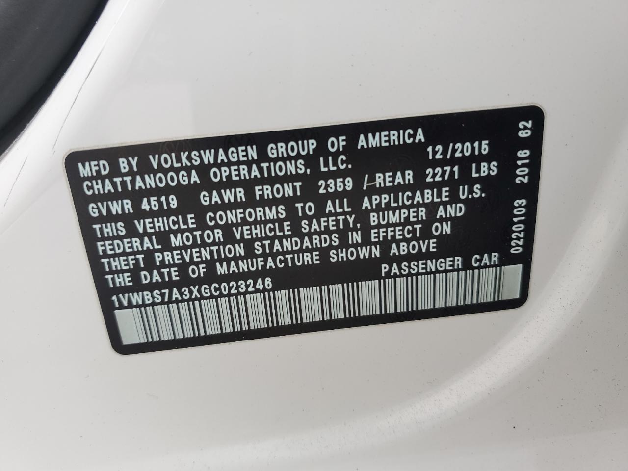 2016 Volkswagen Passat Se VIN: 1VWBS7A3XGC023246 Lot: 70996245