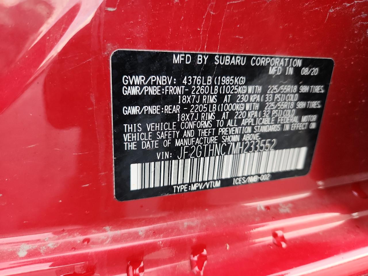 2021 Subaru Crosstrek Limited VIN: JF2GTHNC7MH233552 Lot: 67921745