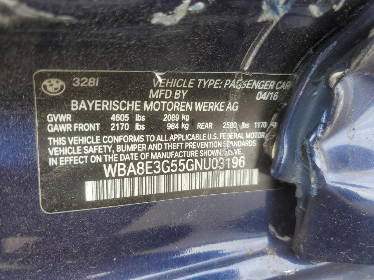 2016 BMW 328 Xi Sulev VIN: WBA8E3G55GNU03196 Lot: 69853095