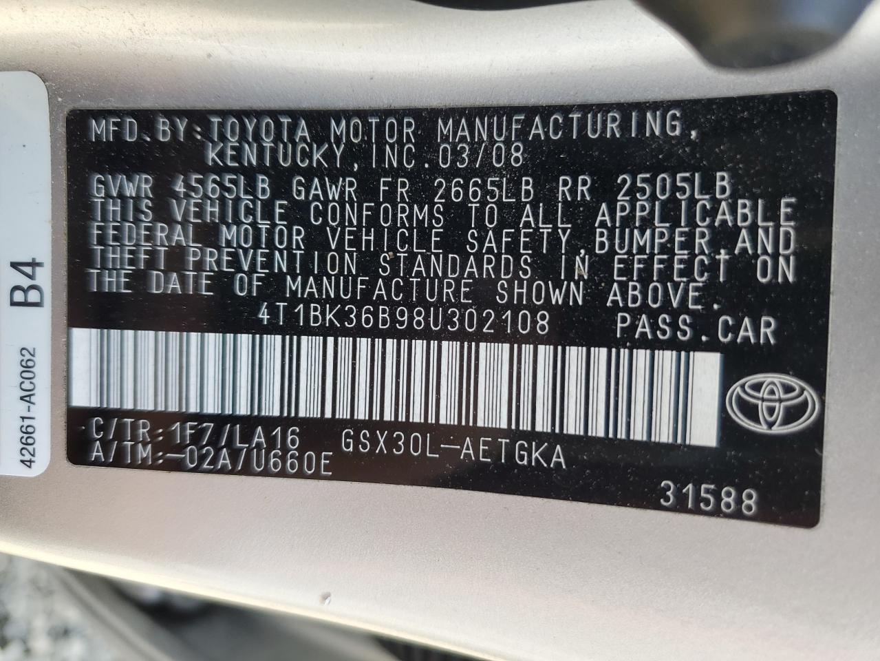 2008 Toyota Avalon Xl VIN: 4T1BK36B98U302108 Lot: 70381475