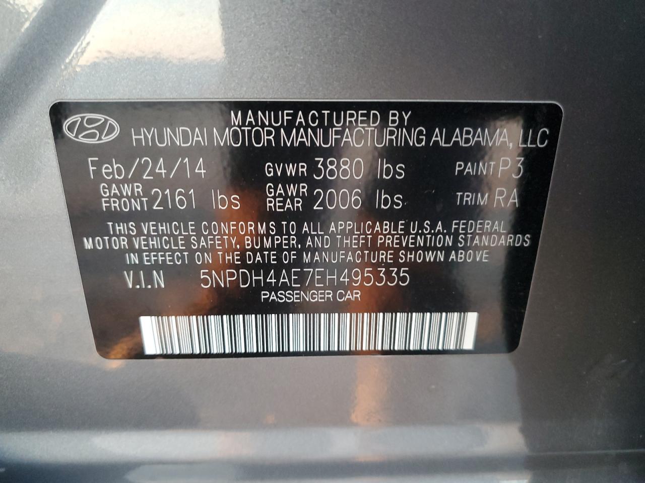 2014 Hyundai Elantra Se VIN: 5NPDH4AE7EH495335 Lot: 70058135