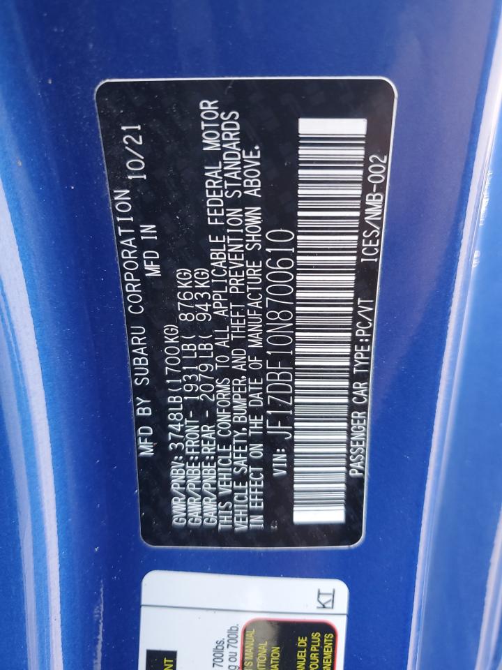 2022 Subaru Brz Limited VIN: JF1ZDBF10N8700610 Lot: 70250535